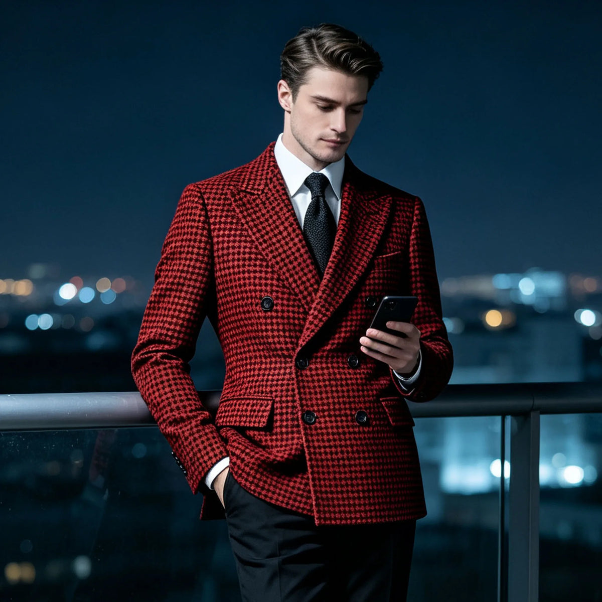 Men's Double Breasted Houndstooth Suit Jacket Classic Slim Fit Groom Wedding Blazer