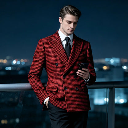 Men's Double Breasted Houndstooth Suit Jacket Classic Slim Fit Groom Wedding Blazer