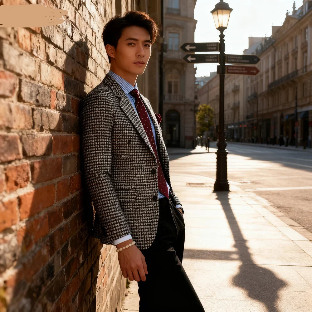 Casual Single Breasted Plaid Suits Blazer Slim Fit Houndstooth Check Wedding Groom Tuxedo Jacket Fashion Men Clothes One Coat
