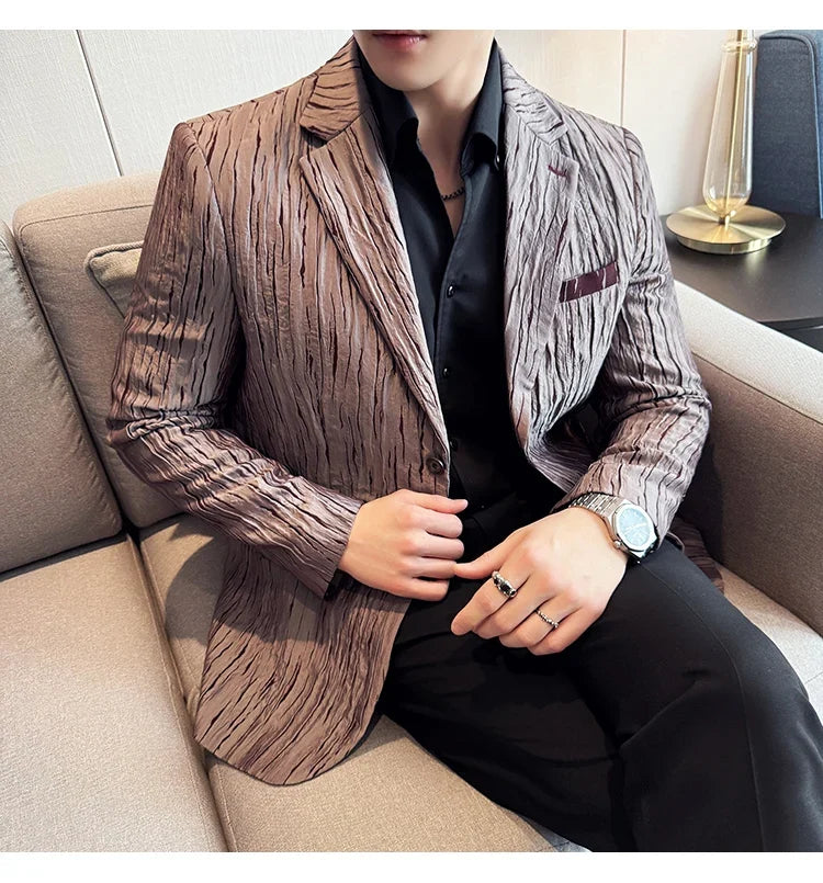 Korean Trend 3D Pleated Suit Jacket for Men Wedding Groom Business Dress Jacket Casual Banquet Party Host Blazer Masculino