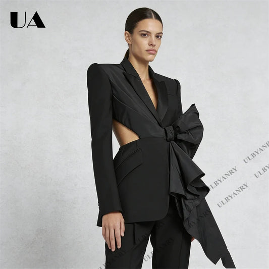 Womens Black Blazer with Satin Ruffle Waist Tie and Peak Lapel Events Gala Birthday Prom Party Suit Attire Slim Fitting