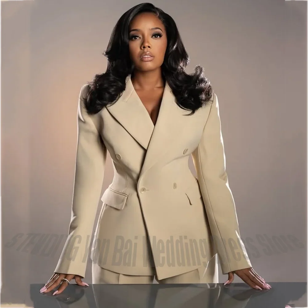 Beige Women's 2 Pieces Suit High Quality Double Breasted Peak Lapel Blazer Set Office Lady Wedding Guest Formal Clothes Set