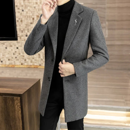 High-quality men's fashionable and stylish mid-length solid color woolen and cotton thick coat for autumn and winter