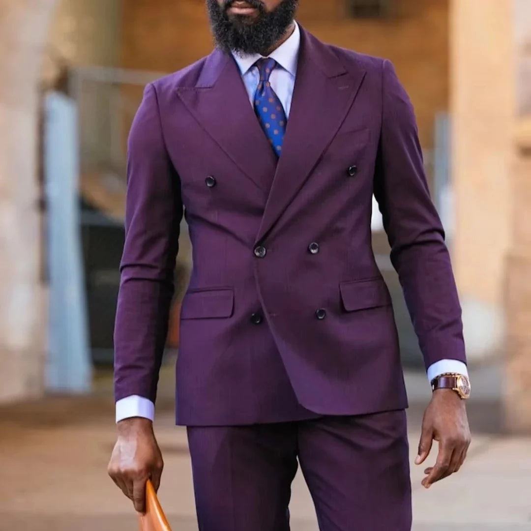 Men Suit Dark Purple 2 Piece Double Button With Lapel Solid For Wedding Birthday Banquet Party Business Work Office Jacket Pant