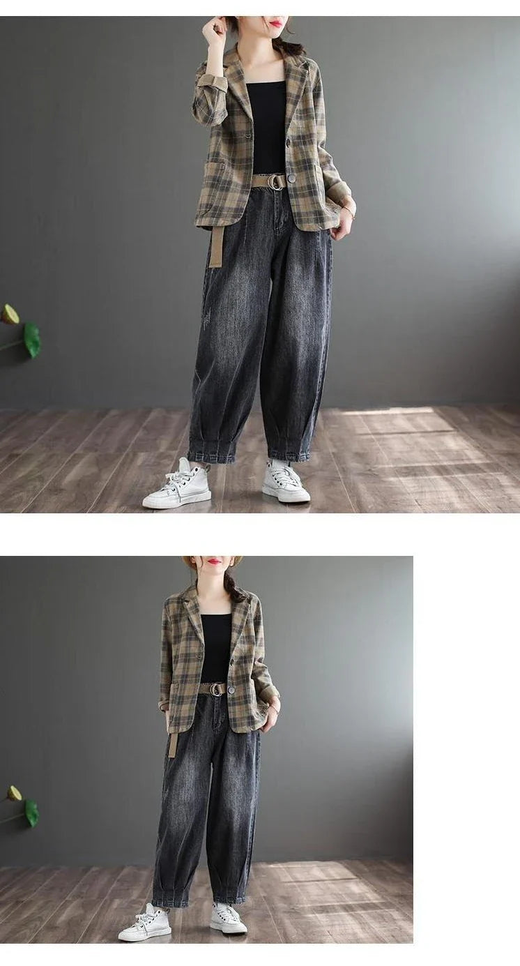 Fashion Chic Cotton Plaid Blazer Female Spring and Autumn New Literary Retro Elegant Commuter Small Incense Wind Jacket Women