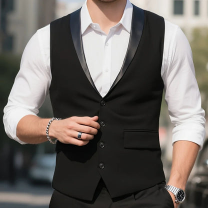 Men's Formal Vest Single Button Waistcoat Black Bright Lapel for Weddings & Business
