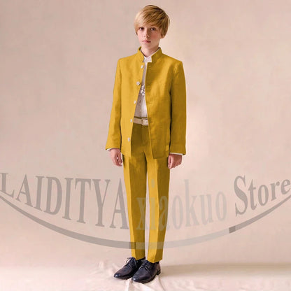Chic Linen Boy Suits Fashion Stand Collar Single Breasted Blazer with Pants Formal Wedding Tuxedo Daily Casual Kids Clothes