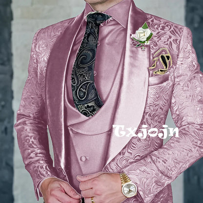 Exquisite jacquard Men's 3-piece Suits Wedding Groom Sets Handsome Shawl Lapel Suit Set Dancing Wear Formal Tuxedo For Business