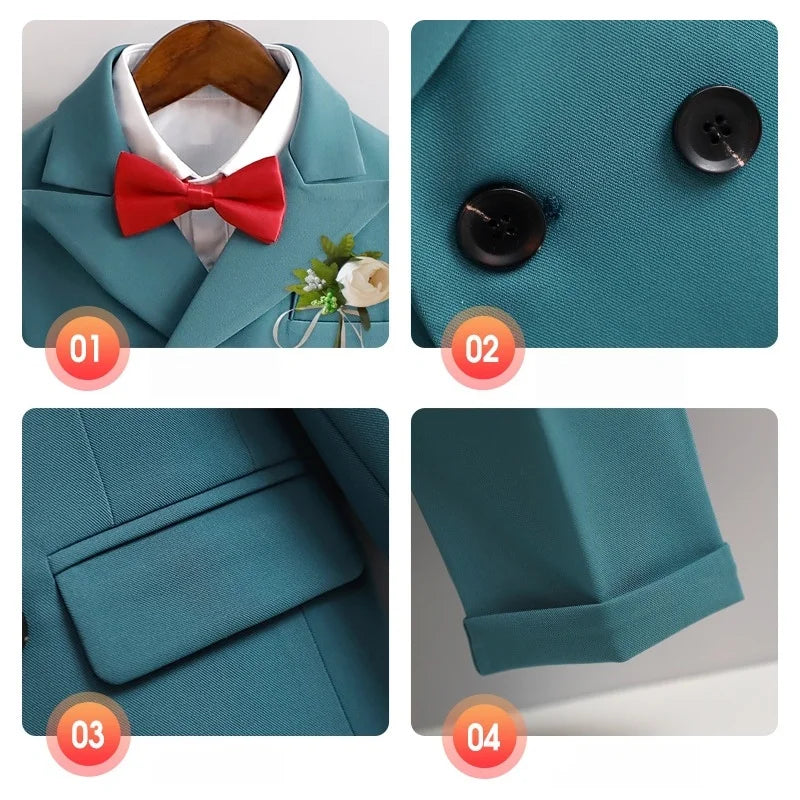 Flower Boys Wedding Outfit Kids Spring Autumn Jacket Vest Pants Bowtie Brooch 5Pieces Suit Set Children's Performance Costume