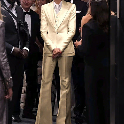 Women's White Satin Tailored Suit Set Slim Fit Jacket+Vest+Pants Formal Three-Piece Outfit for Prom Elegant Evening Party Wear