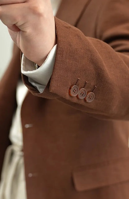 Men Retro Linen Suit Set Notched Collar Thin Business Casual Blazers Two Piece Set Lace Up Long Pant Full Length Trousers Outfit