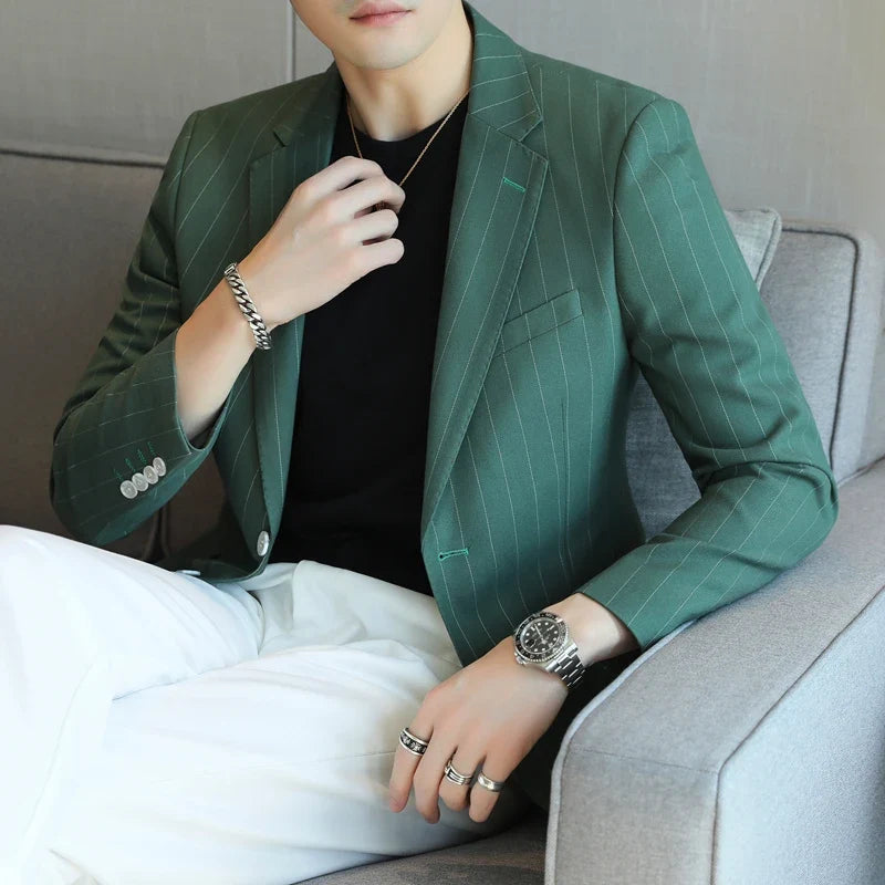 2026 Classic Striped Versatile Suit Jacket Men's Korean Fashion Casual Business Blazers Office Wedding Party Host Formal Jackets