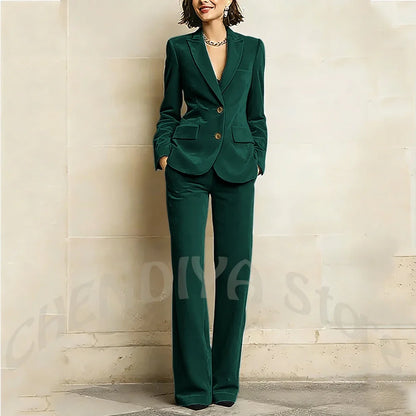 Purple Velvet Women Suit Two Pieces Classic Peaked Lapel Straight Outfit Single Breasted Tailored Elegant Lady Set Jacket Pants
