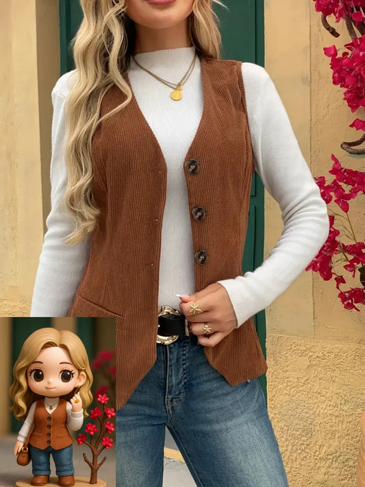 Ladies Brown Corduroy Vest Single-Breasted V-Neck Suit Vest Vintage Western Boho Sleeveless Top for Casual Work Streetwear