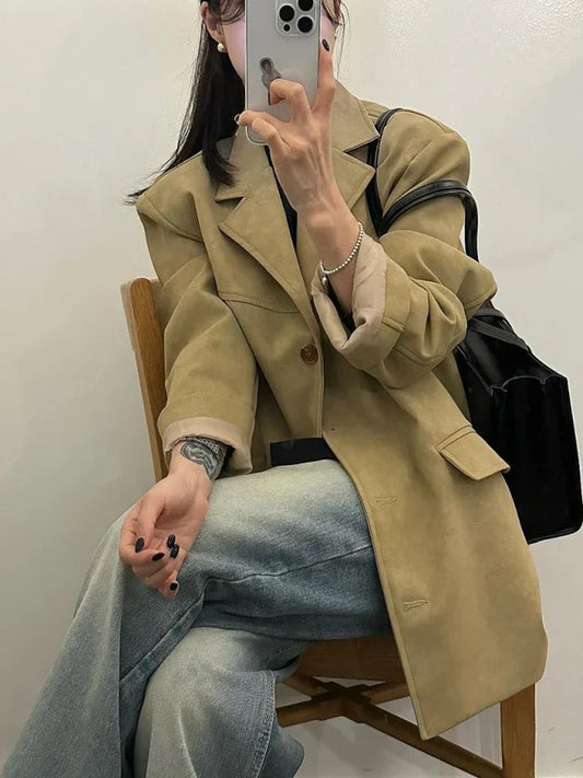 Retro Chic Suede Suit Jaet Women's Single Button irt Korean Sle Commute Long Sve Pure Color Faion Trend