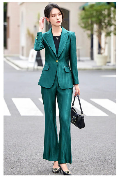 Professional Women's Suit2024New Autumn Green Striped Acetate Suit Workwear Elegant High-end Workplace Formal Wear