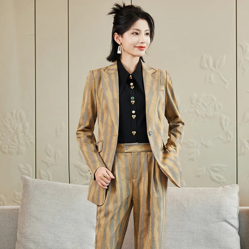 Fashion Autumn Winter Ladies Pant Suit Women Striped Female Business Work Wear Jacket Blazer and Trouser Formal 2 Piece Set