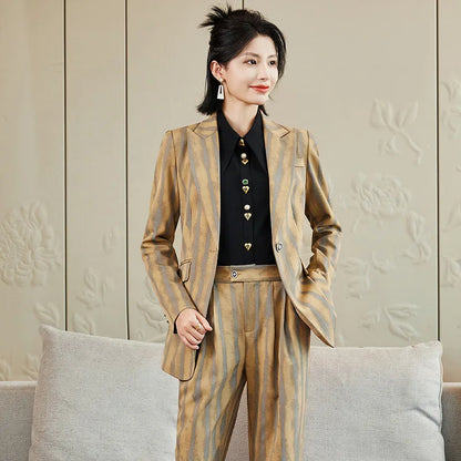 Fashion Autumn Winter Ladies Pant Suit Women Striped Female Business Work Wear Jacket Blazer and Trouser Formal 2 Piece Set