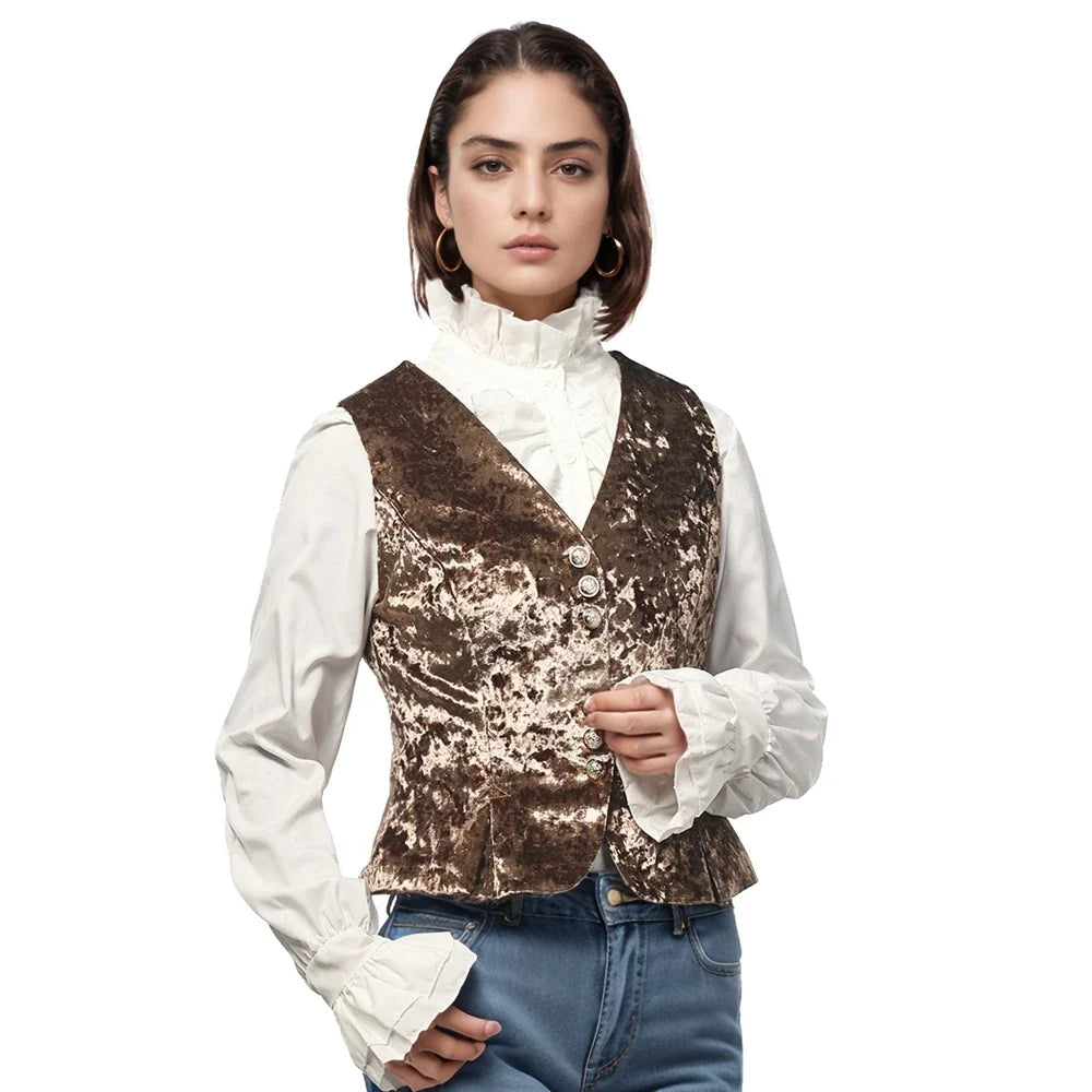 Vintage Velvet Vest for Women V-Neck Cropped Sleeveless Dressy Waistcoat Casual Tops