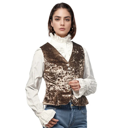 Vintage Velvet Vest for Women V-Neck Cropped Sleeveless Dressy Waistcoat Casual Tops
