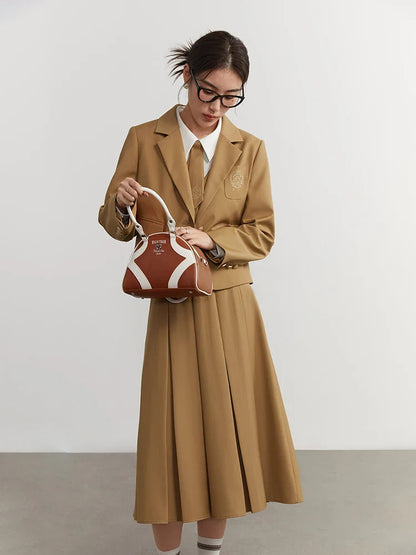 College Style Short Blazer Coat Fashion Two Piece Suit for Women Literary Retro Spring New High Waist Half Pleated Skirt