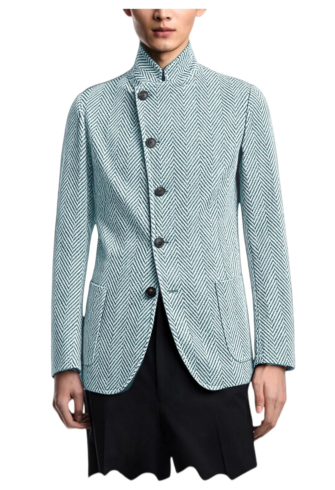 Men's Herringbone Tweed Blazer Stand Collar Slim Fit Business Casual Suit Jacket Spring Daily Commute Lightweight Sport Coat