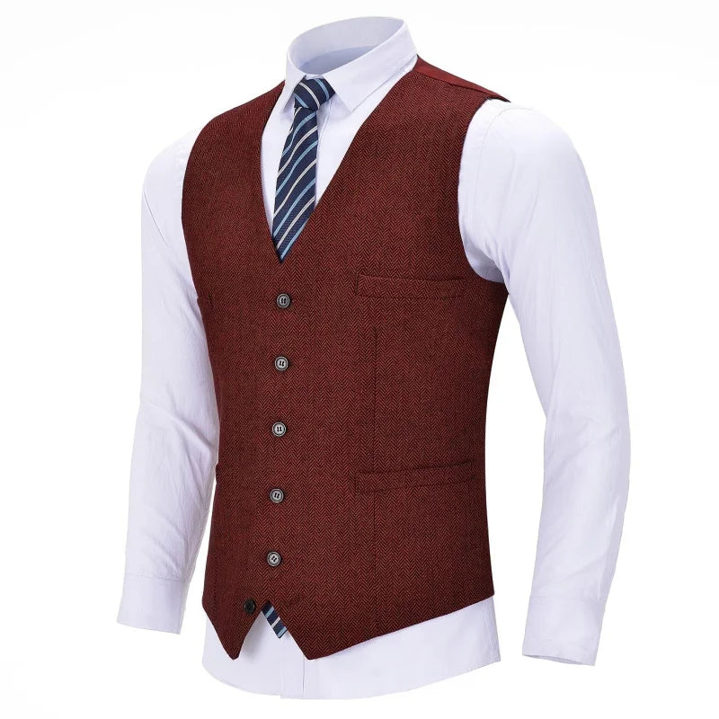 Men's Herringbone Vest Single Breasted Formal Waistcoat for Weddings and Business