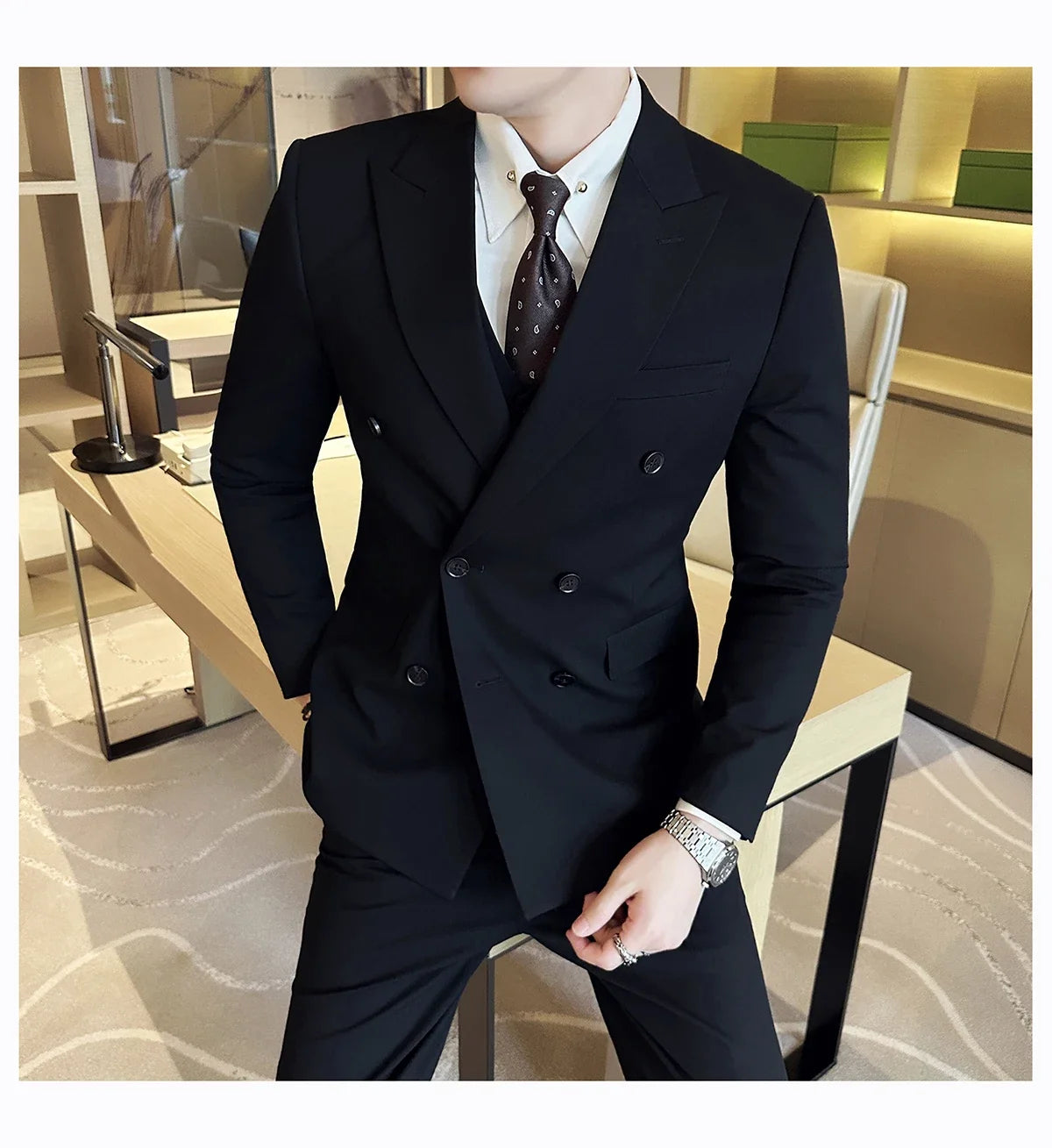 Men's Double Breasted Suit Set – Slim Fit Blazer, Vest & Pants for Wedding & Business