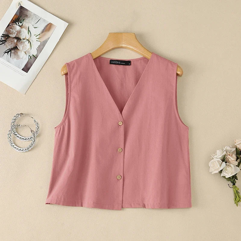 Woman Breathable Cotton Linen Solid Color Tank Tops Summer V-Neck Button Up Sleeveless Tops ZANZEA Daily Casual Vacation Tanks