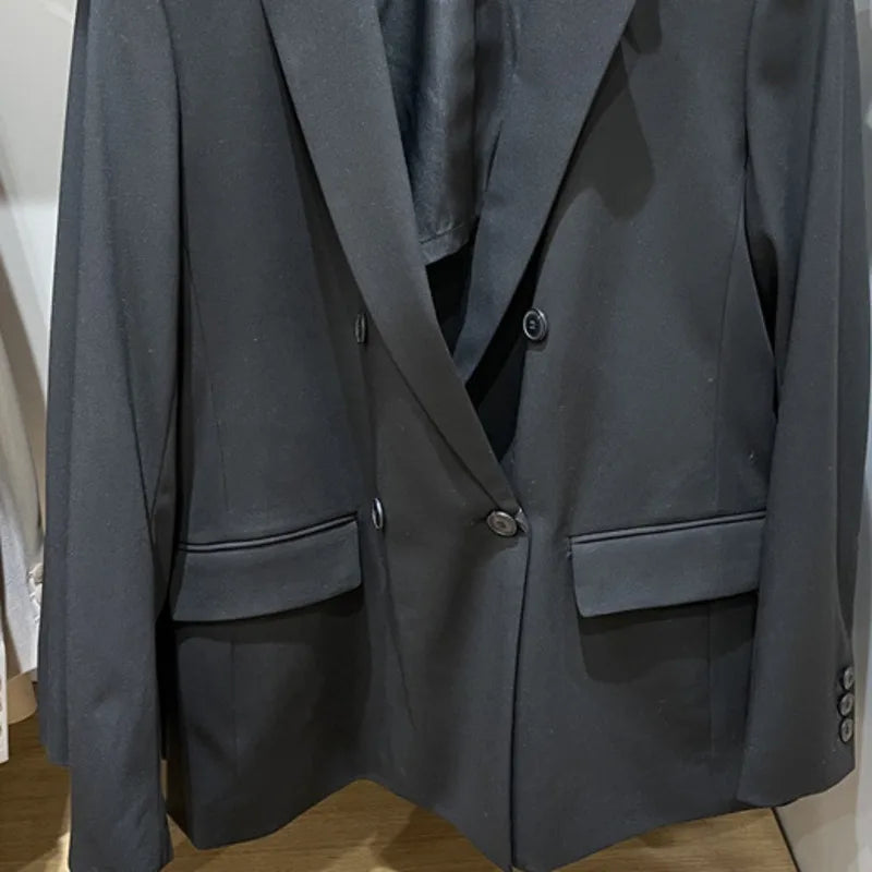 Spring Autumn New Women Blazer Notched Collar Double Breasted Pockets Elegant Fashion Office Lady Jacket Chic Coats HK13020
