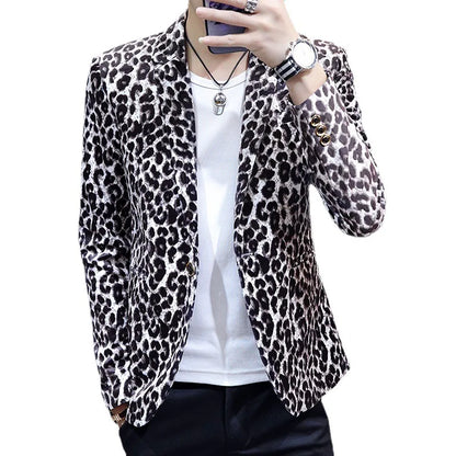 KIDWHXR Suit Coat Man Vintage Fashion Leopard Print Long Sleeve Male Blazer Slim Single-breasted Casual Versatile Man Outerwear