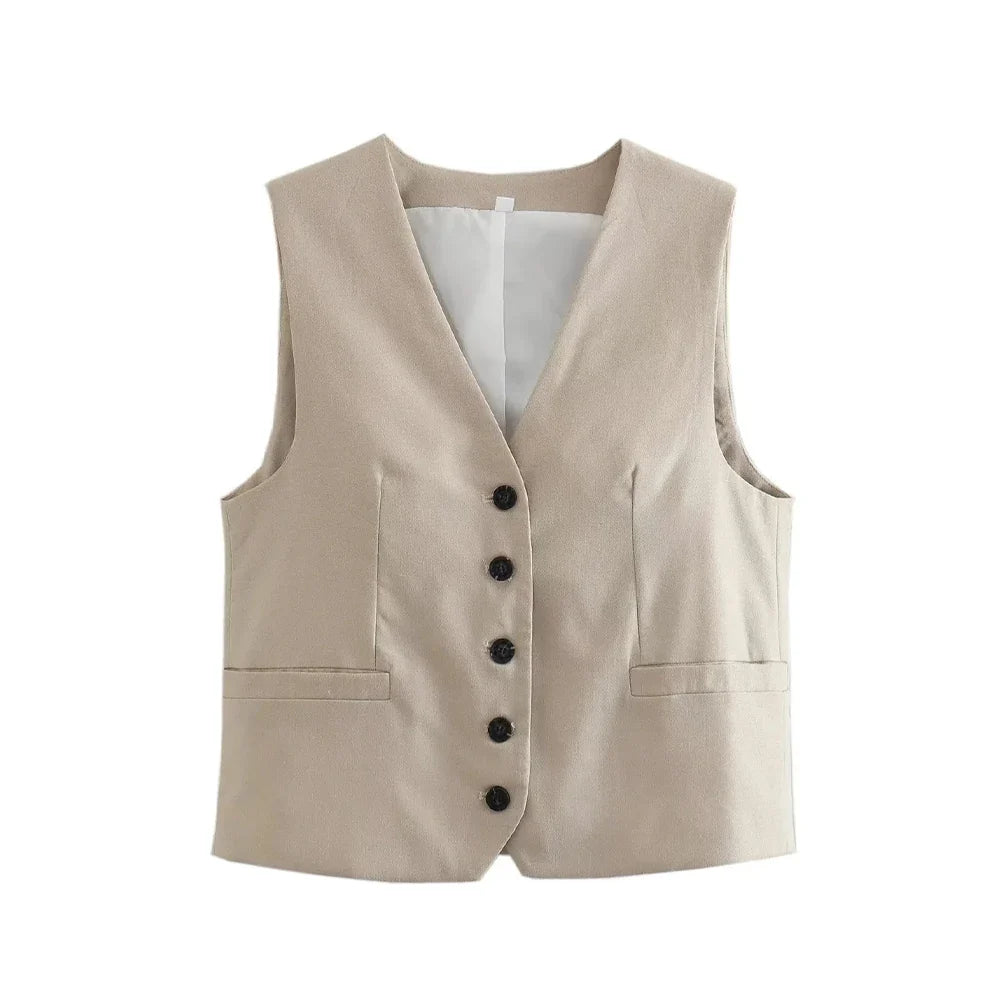 Women Fashion Front Button Linen Blend Waistcoat Vintage V Neck Sleeveless Female Outerwear Chic Vest Tops