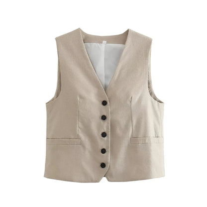 Women Fashion Front Button Linen Blend Waistcoat Vintage V Neck Sleeveless Female Outerwear Chic Vest Tops