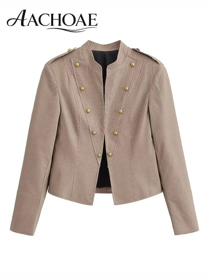 Women Military Style Cropped Blazer Jacket Gold Button Slim Short Suit Coat Stand Collar Elegant Office Lady Outerwear