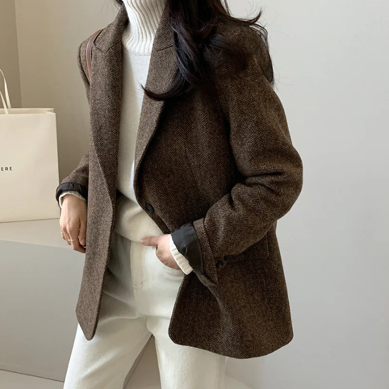 Women's Slim Fit Blazer Autumn Mid-Length Lapel Coat Contrast Cuff Detail Elegant Office & Commute Outerwear