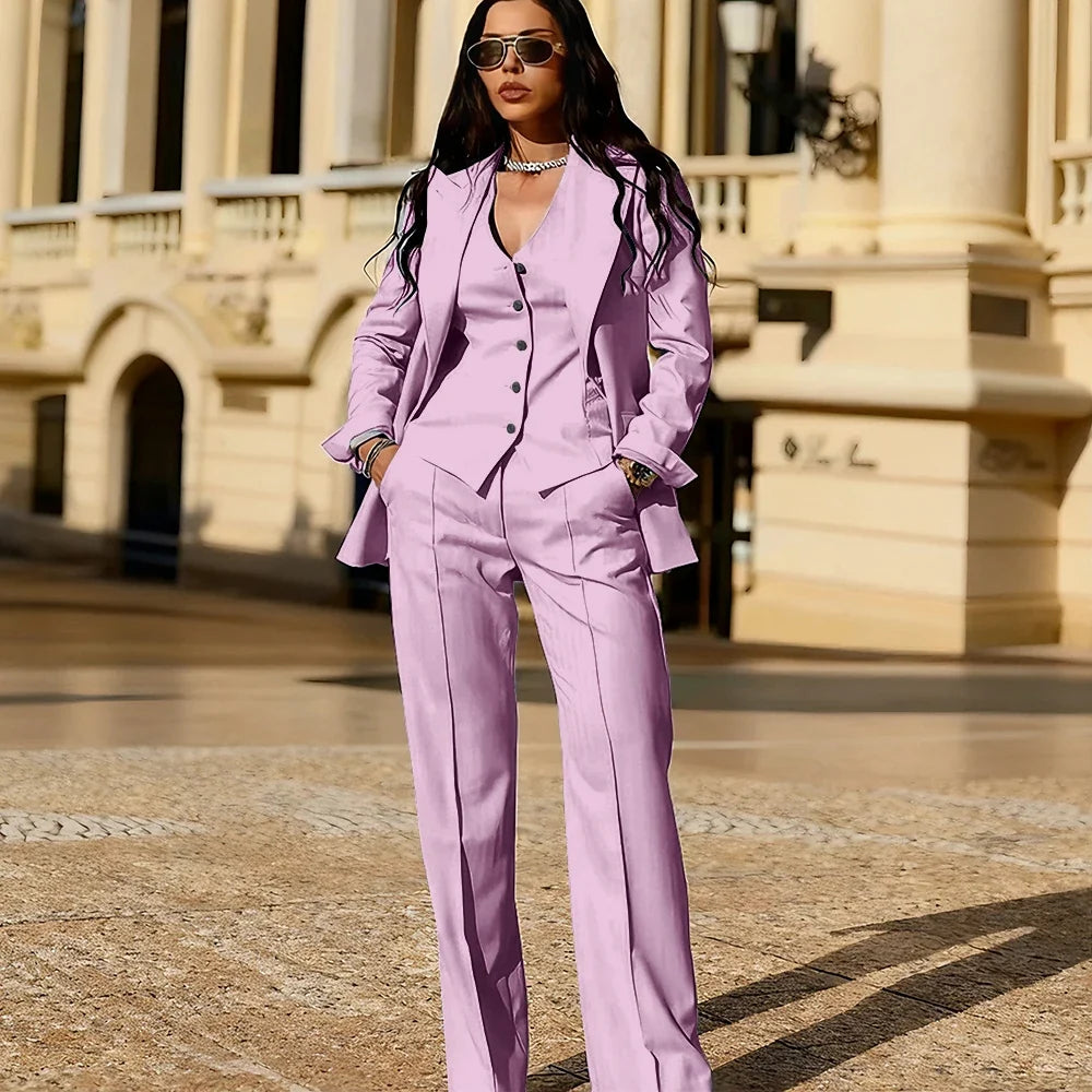 Light Blue 3 Piece Suit Set New Women's Jackets Single Breasted Peaked Lapel Blazer+Vest+Pants Formal Office Commute Outfit