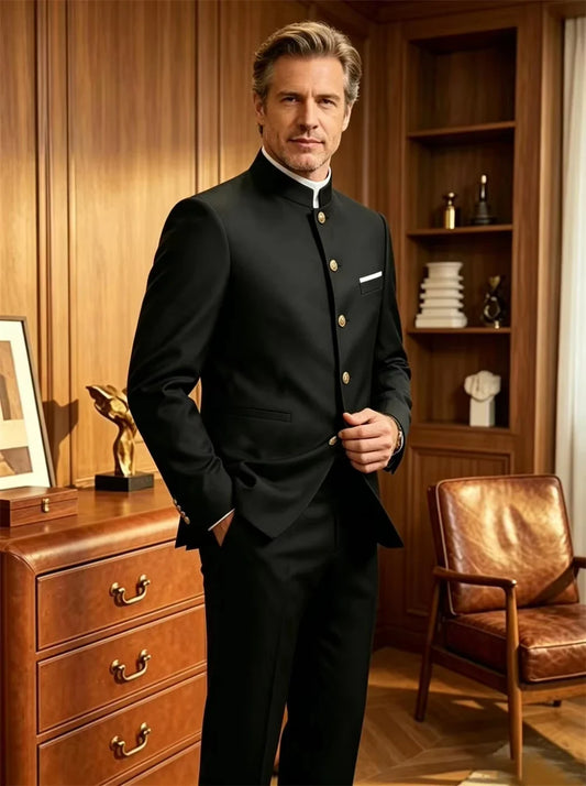 Men's 2-Piece Slim Fit Suit Set with Stand Collar for Wedding & Prom