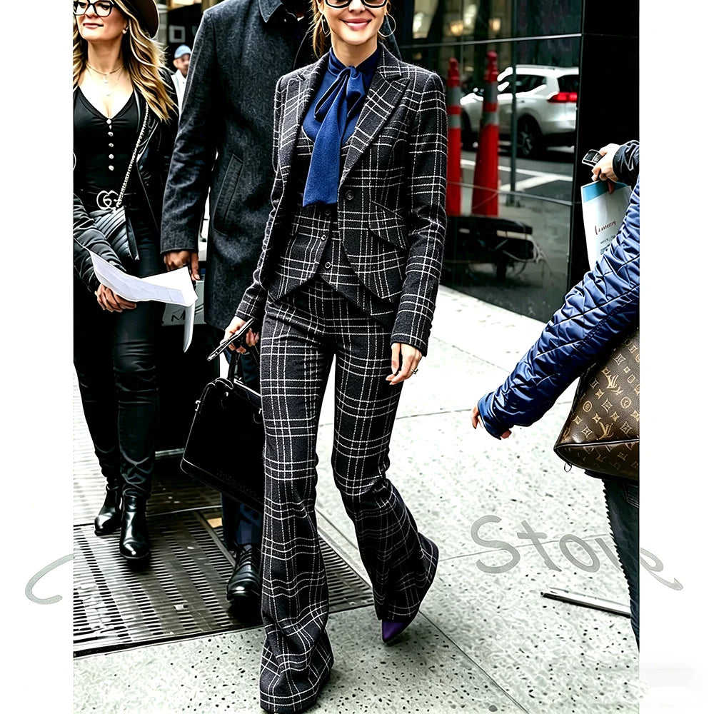 Vintage Plaid Women's Suit Luxury Outfit 3 Pieces(Jacket+Vest+Pants) Slim Peaked Lapel High Quality Formal Stylish Suit Set