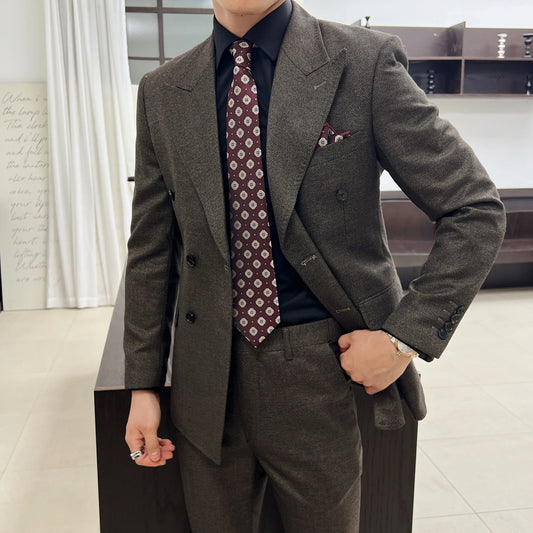 Men's Double Breasted Slim Fit Wedding Suit Set – Smart Casual Formal Wear in Blue, Grey & Khaki