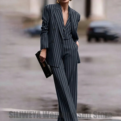 Navy Women's Striped 3 Piece Suit Double Breasted Blazer Vest Wide-Leg Pants Set Fashion Formal Party Office Casual Outfit
