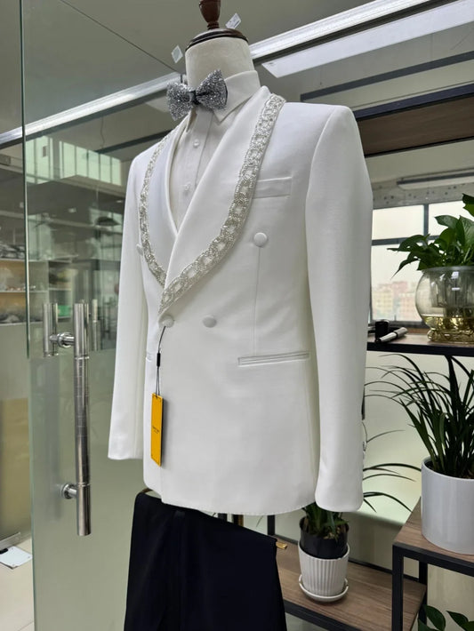 White Luxury Beaded Suit Set 2 Pieces For Men Wedding Groom Sets Handsome Classy Men's Suits Jacket Pants For Banquet Party