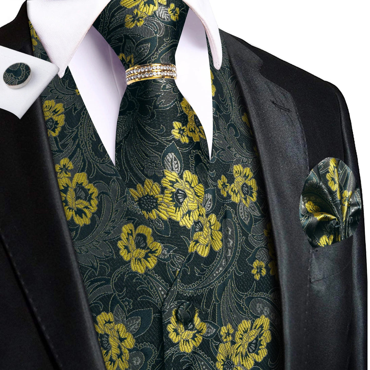 Men's Floral Waistcoat 6-Piece Set Black Yellow Single Breasted Vest for Wedding & Banquet