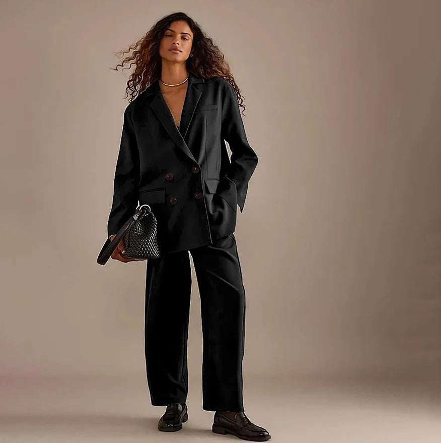 Leisure Brown Double Breasted Women Pants Set High-end Female Two Pieces(Jacket+Trousers)أطقم بناطيل