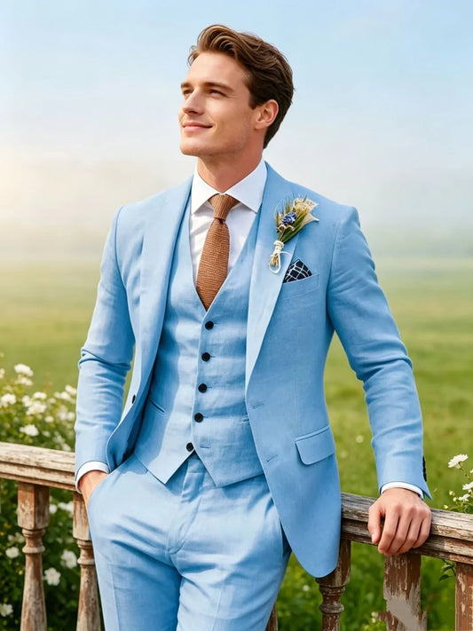 Costumes d'été en lin bleu/beige pour hommes, revers de pointe, coupe ajustée, deux boutons, blazer, gilet, pantalon, smoking de marié, bal de promo, dîner, ensemble 3 pièces