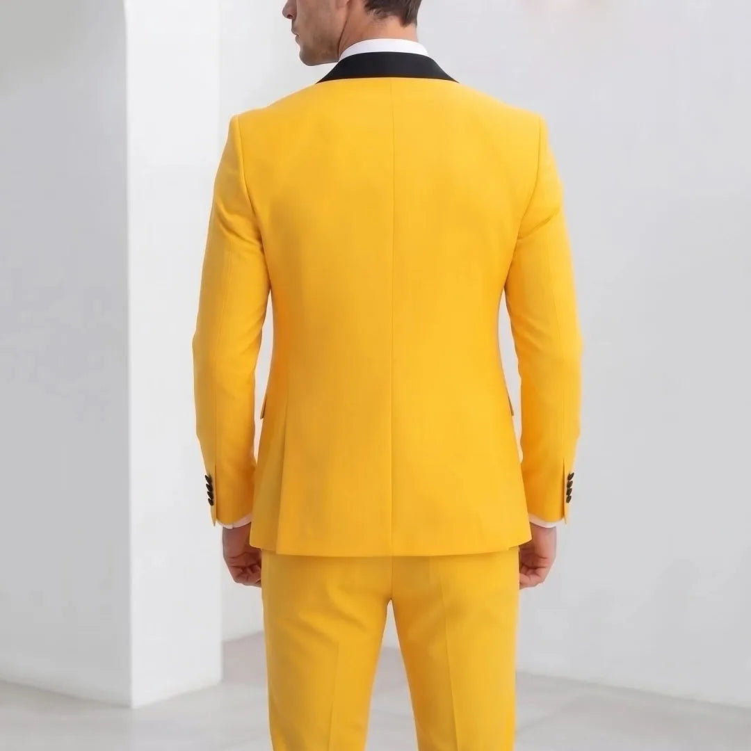 Men Suit Yellow 3 Pieces With Black Lapel For Wedding Groom Birthday Banquet Party Business Work Office Set Jacket Vest Pants