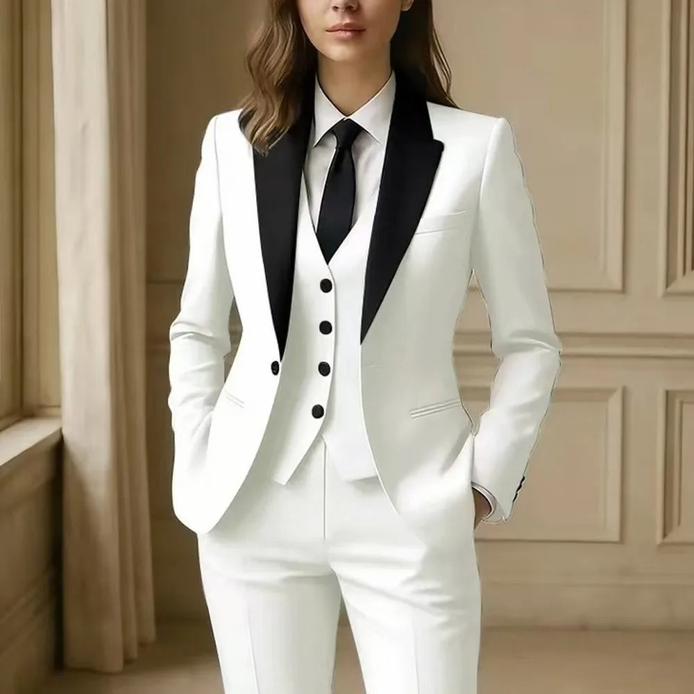 Black Collar White Formal Business Women Suit Wedding Party Prom Ladies Mother Girl Tuxedos 3 Piece Set Blazer Vest Pants