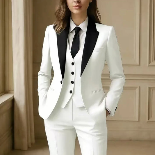 Black Collar White Formal Business Women Suit Wedding Party Prom Ladies Mother Girl Tuxedos 3 Piece Set Blazer Vest Pants