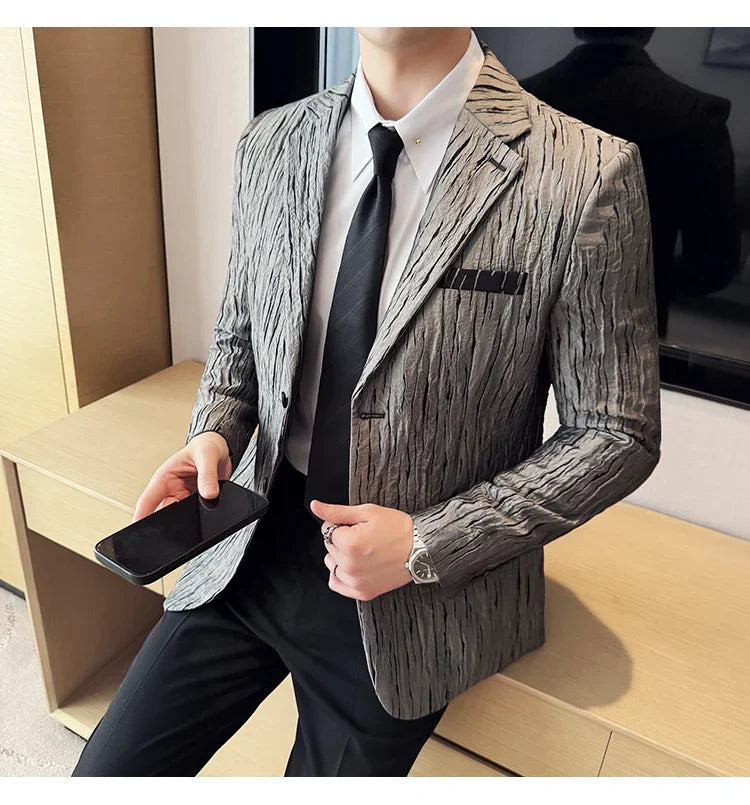 Korean Trend 3D Pleated Suit Jacket for Men Wedding Groom Business Dress Jacket Casual Banquet Party Host Blazer Masculino