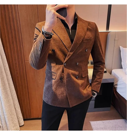 Autumn Winter Corduroy Suit Jacket Purple Man Suit Coat Solid color Double breasted slim fit Suit Man tops