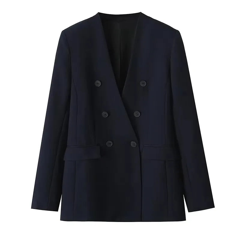 Women's 2 Piece Set Fashionable Long Sleeve Navy Blue Collar V-neck Suit Coat Straight Pants Suit New Matching Sets Office Lady